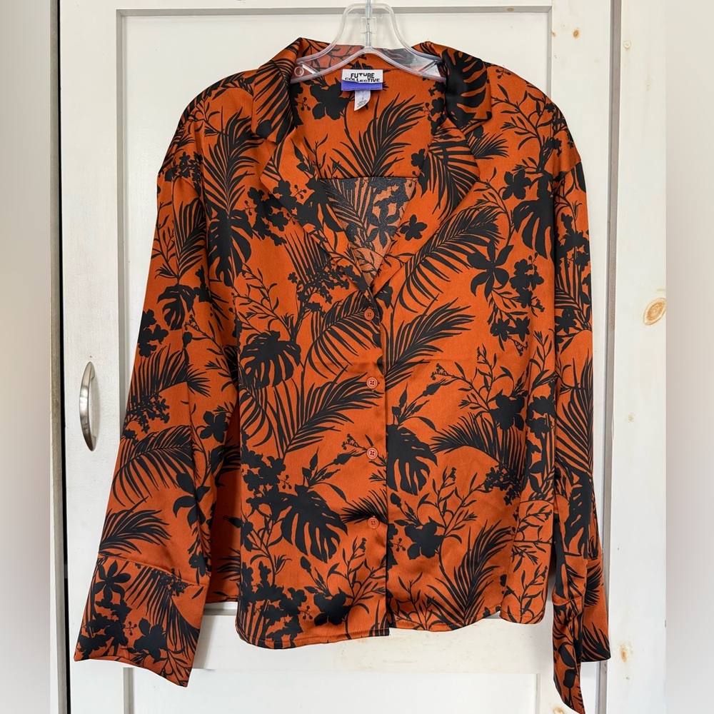 Tropical Print Button-Up Satin Shirt in Orange and Black
